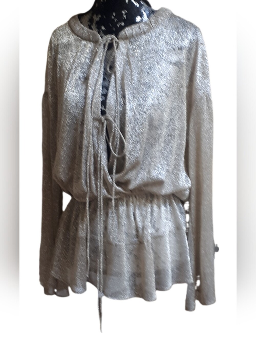 IRO Silver/gold  Metallic Tie-Neck Peplum Blouse